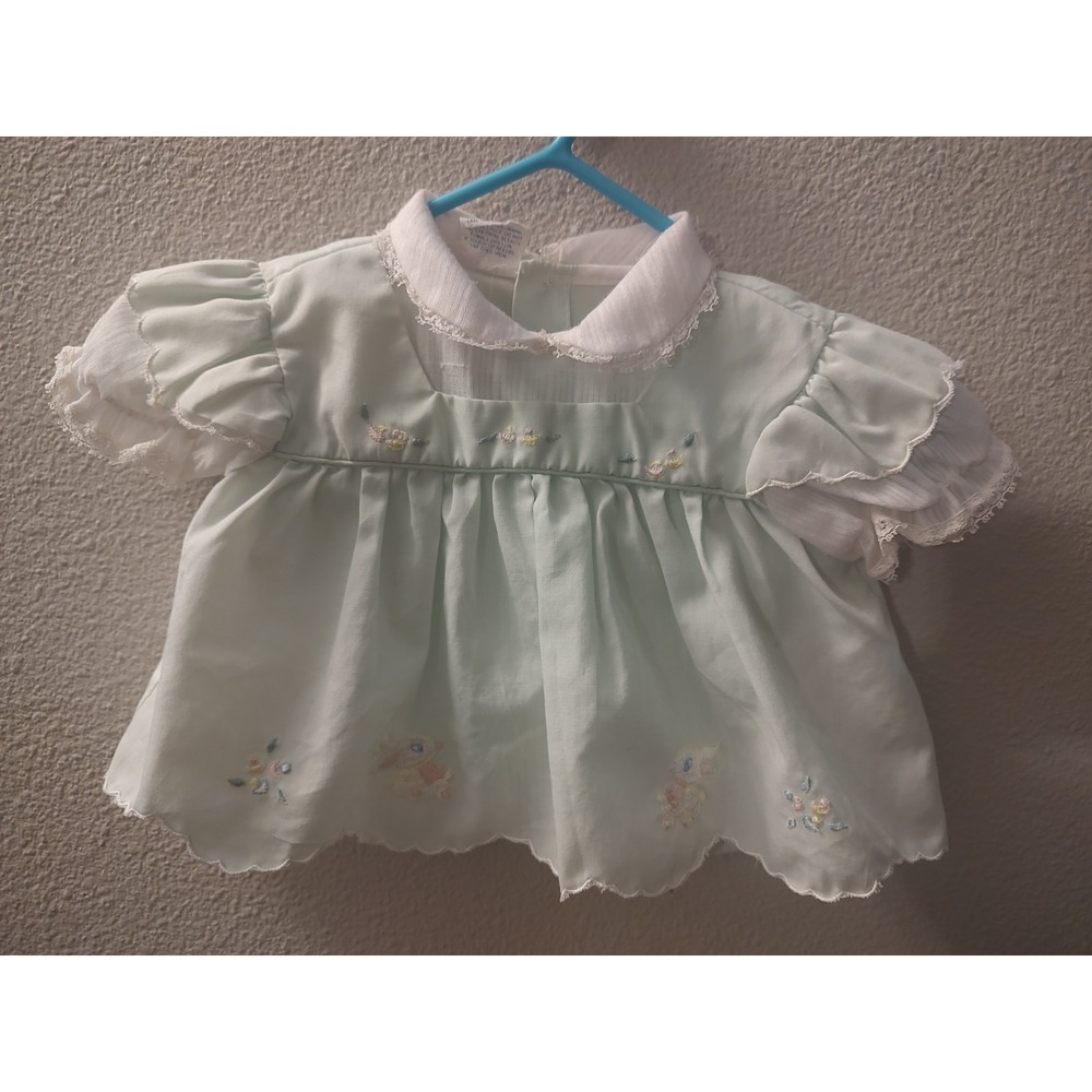 Vintage Light Green Bunny Rabbit Flower Applique Ruffled Infant Dress A2